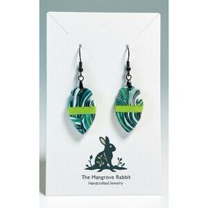 Handmade Bright Green & Blue Pearl Large Polymer Clay Dangle Earrings Black SS